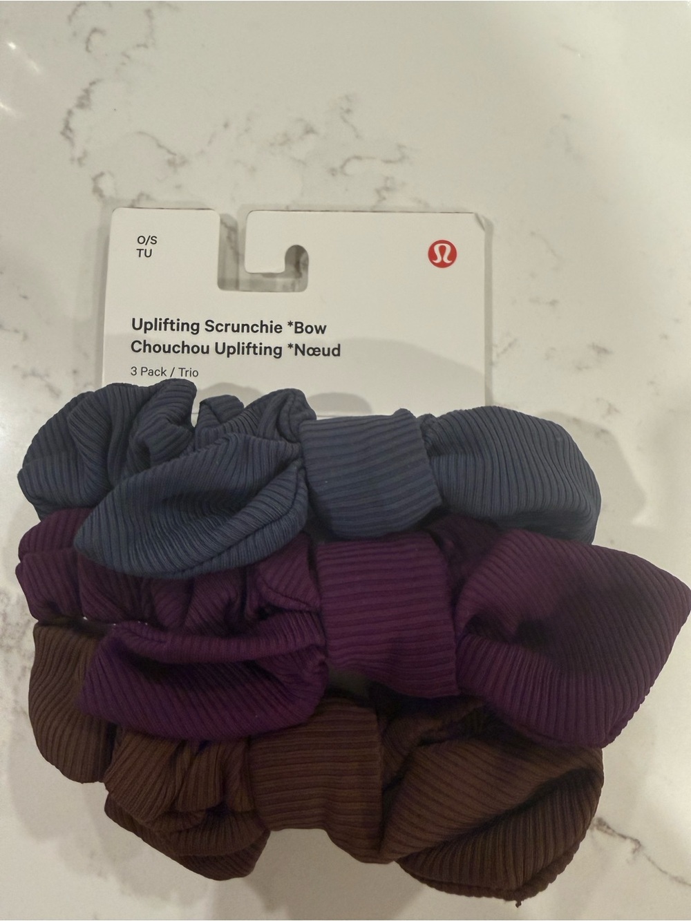 Lululemon Uplifting Scrunchie Bow 3-Pack - Blue, Purple, Brown NWT